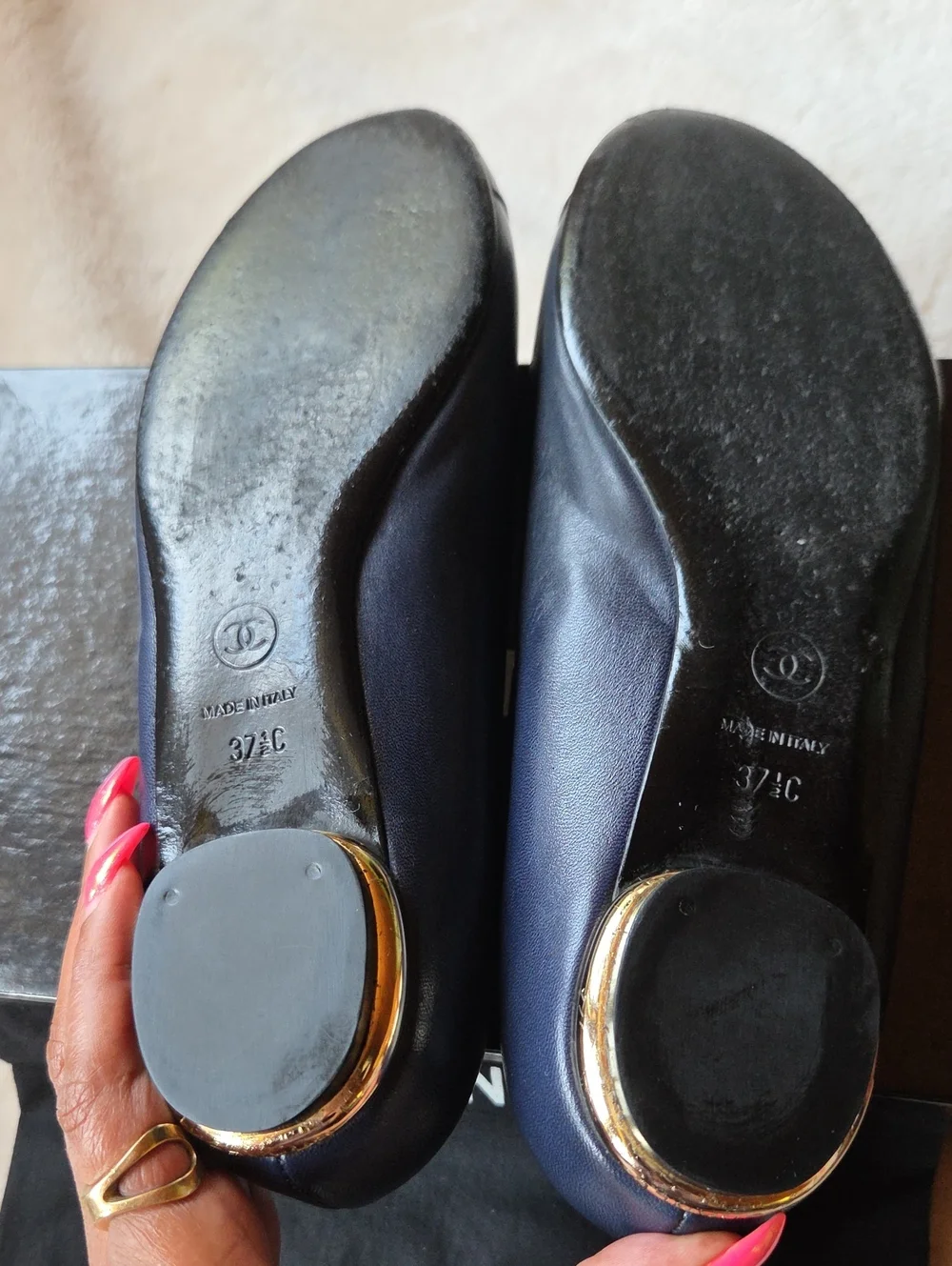 CHANEL Navy Leather Camellia Ballet Flats